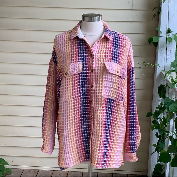 Urban Outfitters BDG S Rainbow Waffle Texture Button Up Shirt Jacket Oversized - Picture 3 of 10